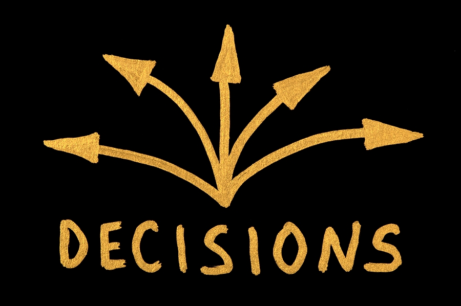 Black background with five gold arrows pointing in different directions with the word decisions under them