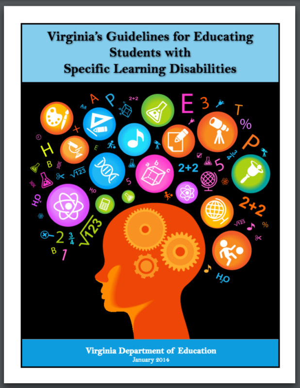 Virginia's Guidelines for Educating Students with Specific Learning Disabilities Document Cover Page.  Mind with gear surrounded by icons standing for subject matter