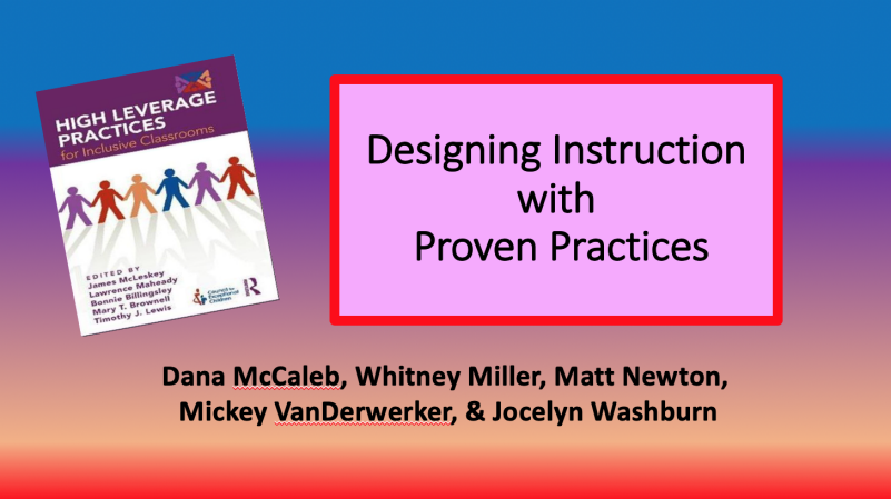 Designing Instruction with Proven Practices Presentation Title Slide, Depicts High Leverage Practice textbook cover with six interlocking stick figures holding hands