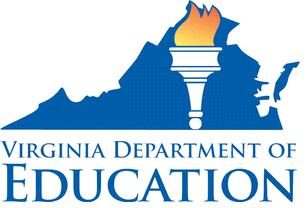 Virginia Department of Education Logo, Shape of Virginia with Torch