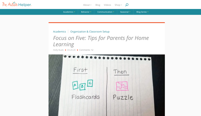 Autism Helper Homepage with Image of a First, Then Schedule Written on Notebook Paper